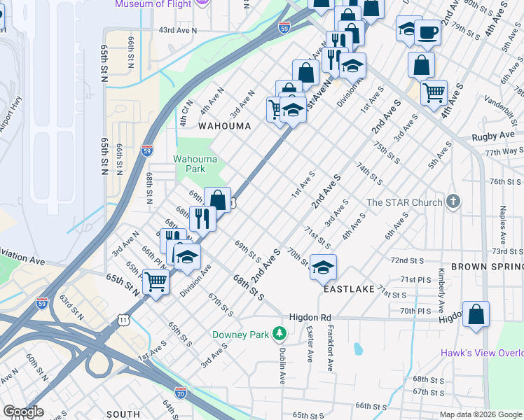 map of restaurants, bars, coffee shops, grocery stores, and more near 7017 Division Avenue in Birmingham