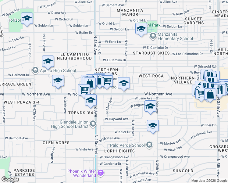map of restaurants, bars, coffee shops, grocery stores, and more near 4150 West Northern Avenue in Phoenix