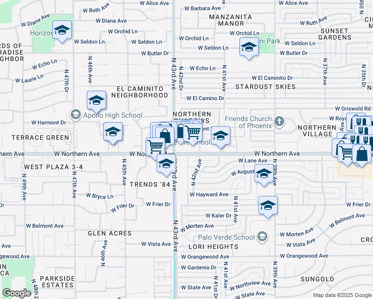 map of restaurants, bars, coffee shops, grocery stores, and more near 4228 West Northern Avenue in Phoenix