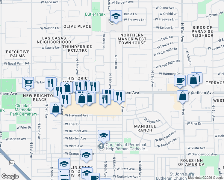 map of restaurants, bars, coffee shops, grocery stores, and more near 5534 West Northern Avenue in Glendale