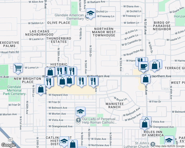 map of restaurants, bars, coffee shops, grocery stores, and more near 8002 North 55th Avenue in Glendale