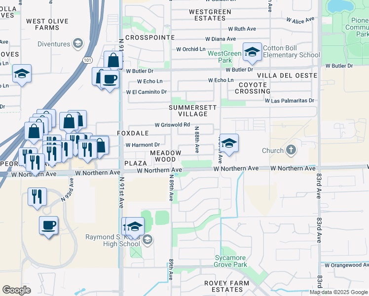 map of restaurants, bars, coffee shops, grocery stores, and more near 8831 West Manzanita Drive in Peoria