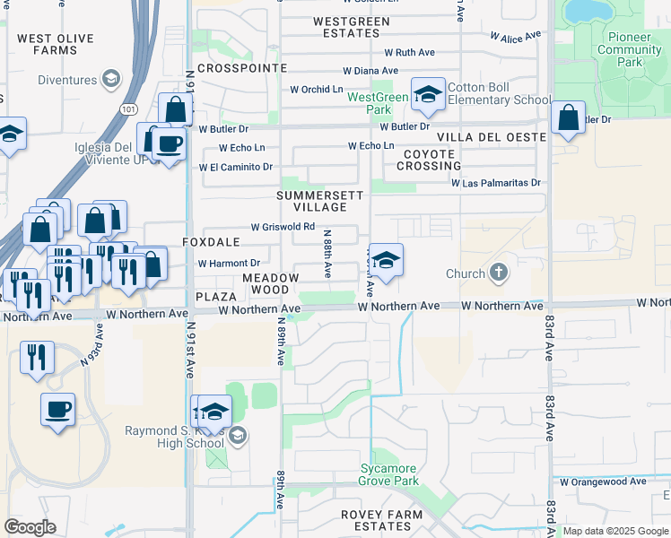 map of restaurants, bars, coffee shops, grocery stores, and more near 8757 W Manzanita Dr in Peoria