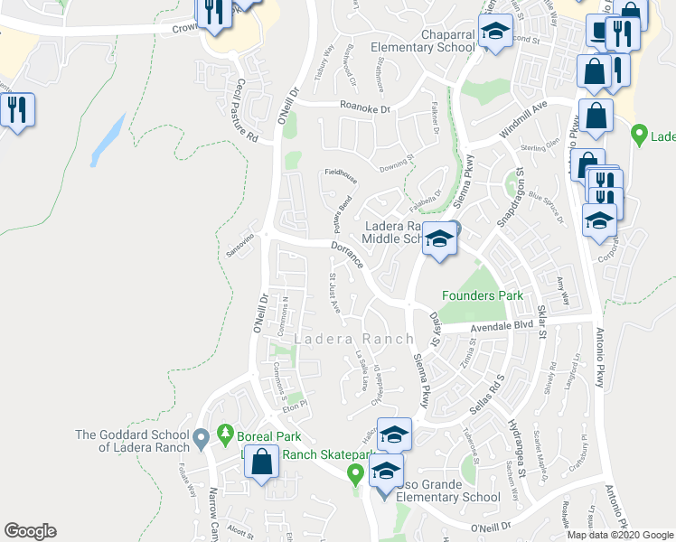 map of restaurants, bars, coffee shops, grocery stores, and more near 12 Saint Just Avenue in Mission Viejo