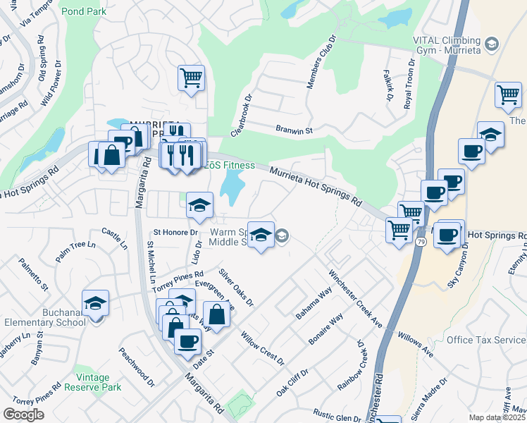 map of restaurants, bars, coffee shops, grocery stores, and more near 28878 Calle Del Lago in Murrieta