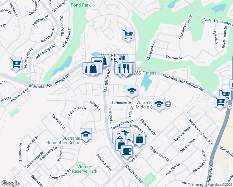 map of restaurants, bars, coffee shops, grocery stores, and more near 26269 Douglass Union Lane in Murrieta