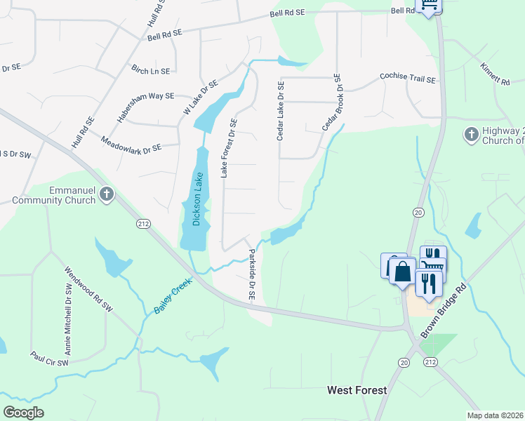 map of restaurants, bars, coffee shops, grocery stores, and more near 634 Knollwood Circle Southeast in Conyers