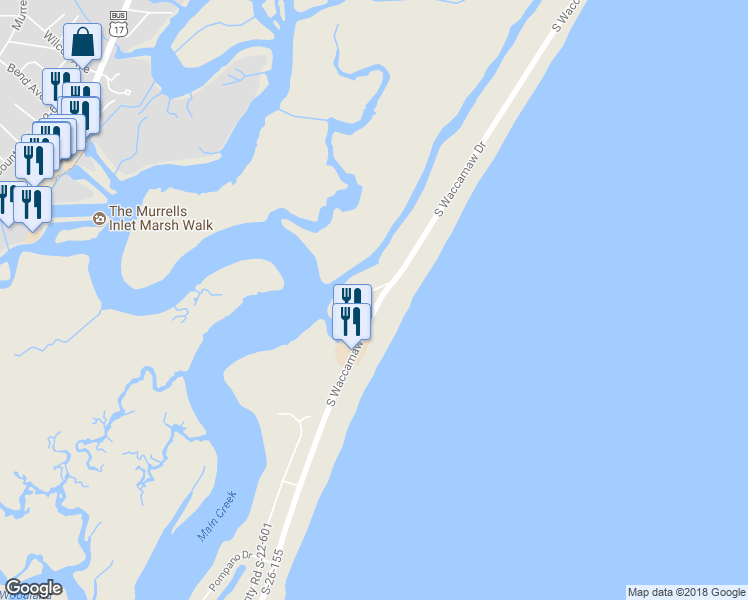 map of restaurants, bars, coffee shops, grocery stores, and more near 1448 South Waccamaw Drive in Murrells Inlet