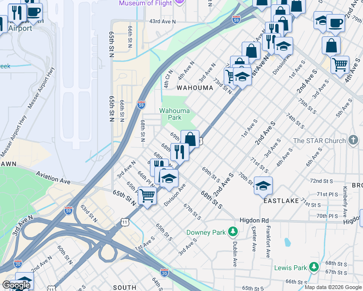 map of restaurants, bars, coffee shops, grocery stores, and more near 116 69th Place North in Birmingham