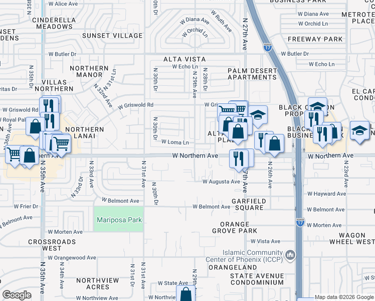 map of restaurants, bars, coffee shops, grocery stores, and more near 2912 W Northern Ave in Phoenix