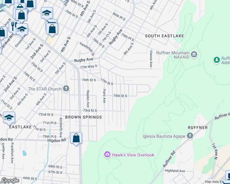 map of restaurants, bars, coffee shops, grocery stores, and more near 7409 Queenstown Avenue in Birmingham