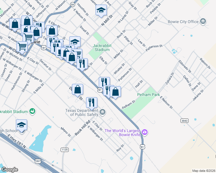 map of restaurants, bars, coffee shops, grocery stores, and more near 1206 East Tarrant Street in Bowie
