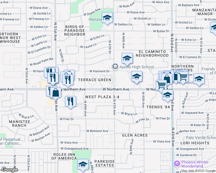 map of restaurants, bars, coffee shops, grocery stores, and more near 4730 West Northern Avenue in Glendale