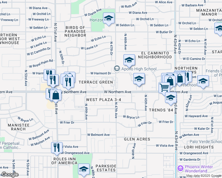 map of restaurants, bars, coffee shops, grocery stores, and more near 4730 West Northern Avenue in Glendale
