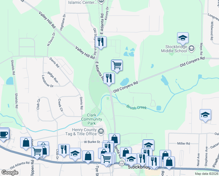 map of restaurants, bars, coffee shops, grocery stores, and more near 284 East Atlanta Road in Stockbridge