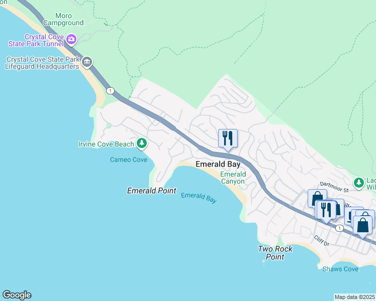 map of restaurants, bars, coffee shops, grocery stores, and more near 152 Emerald Bay in Laguna Beach