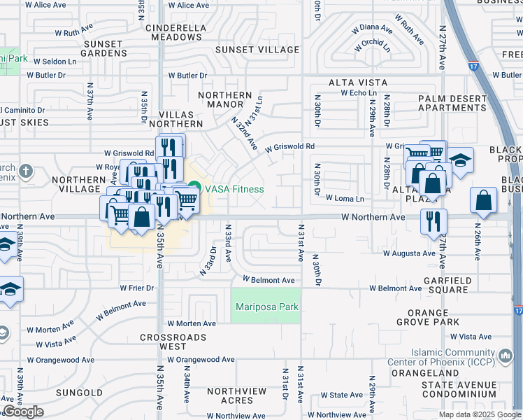 map of restaurants, bars, coffee shops, grocery stores, and more near 8004 North 32nd Drive in Phoenix