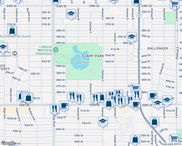 map of restaurants, bars, coffee shops, grocery stores, and more near 4500 Avenue U in Lubbock