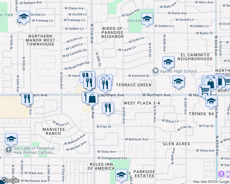 map of restaurants, bars, coffee shops, grocery stores, and more near 4930 West Northern Avenue in Glendale