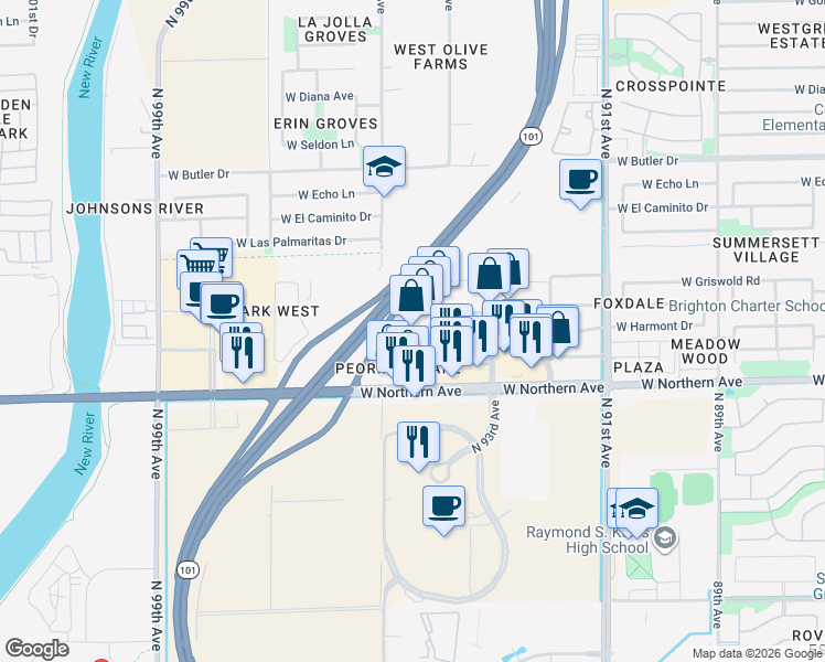 map of restaurants, bars, coffee shops, grocery stores, and more near 9470 West Northern Avenue in Glendale