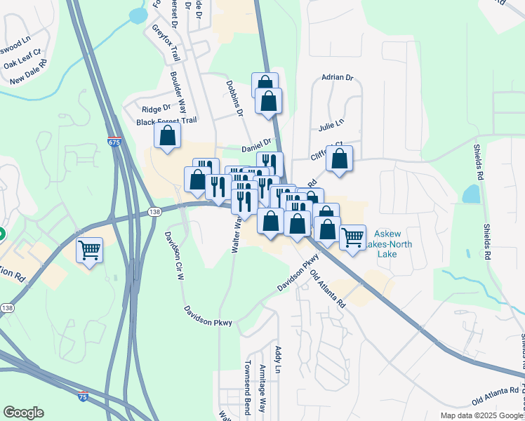 map of restaurants, bars, coffee shops, grocery stores, and more near Highway 138 West in Stockbridge