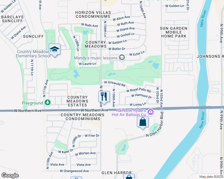 map of restaurants, bars, coffee shops, grocery stores, and more near 8156 North 106th Avenue in Peoria