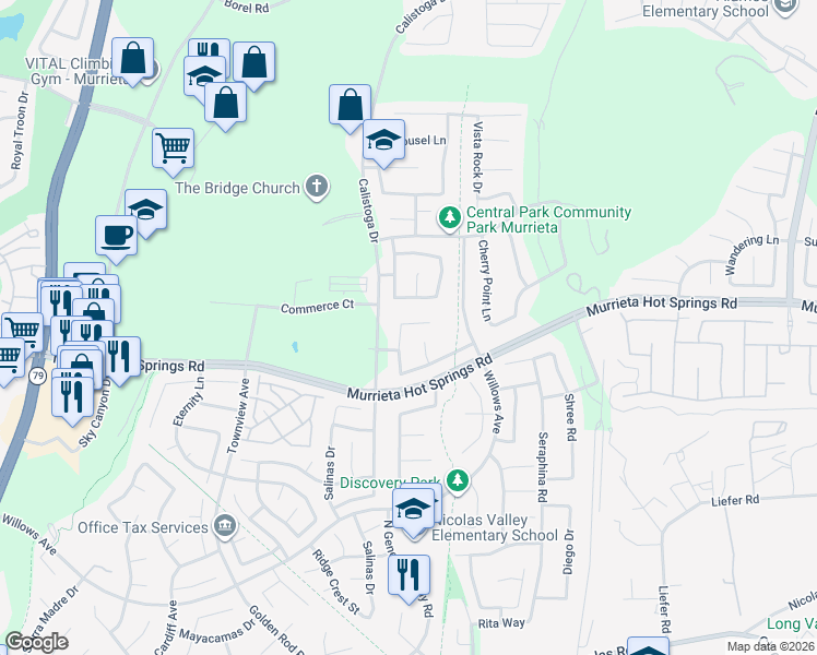 map of restaurants, bars, coffee shops, grocery stores, and more near 30525 Los Gatos Drive in Murrieta