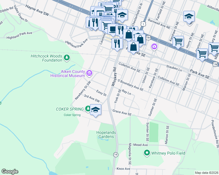 map of restaurants, bars, coffee shops, grocery stores, and more near 415 Chesterfield Street South in Aiken