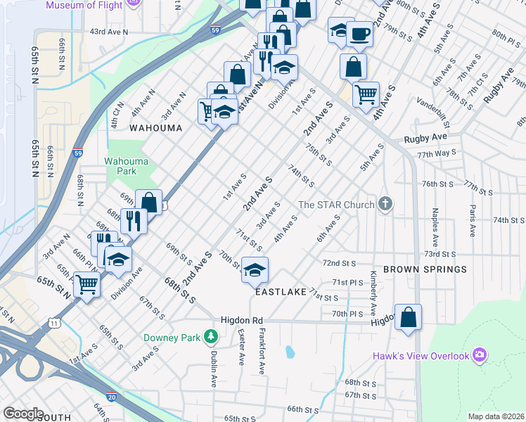 map of restaurants, bars, coffee shops, grocery stores, and more near 221 72nd Street South in Birmingham