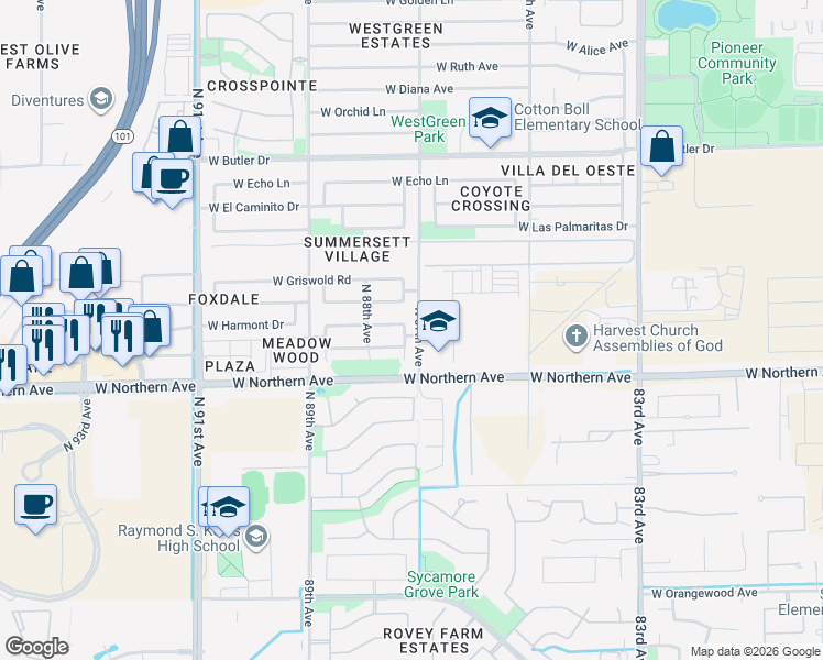 map of restaurants, bars, coffee shops, grocery stores, and more near 8081 North 87th Drive in Peoria