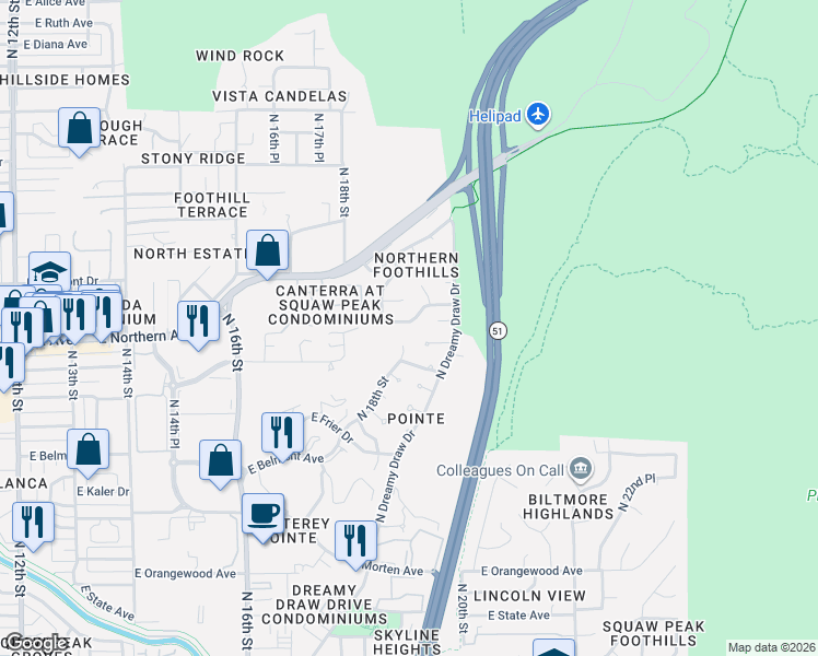map of restaurants, bars, coffee shops, grocery stores, and more near 1823 East Manzanita Drive in Phoenix