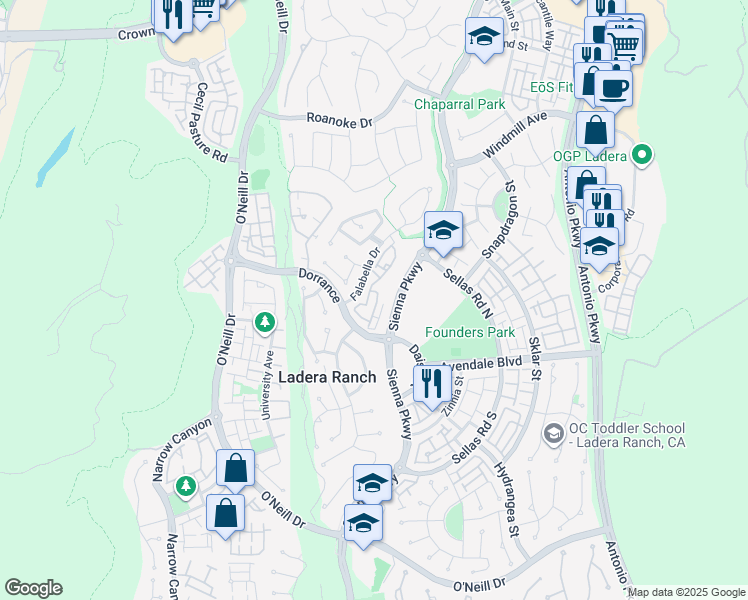 map of restaurants, bars, coffee shops, grocery stores, and more near 47 Glenalmond Lane in Ladera Ranch