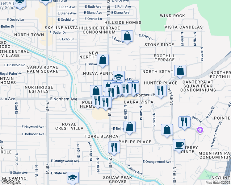 map of restaurants, bars, coffee shops, grocery stores, and more near 1217 East Northern Avenue in Phoenix