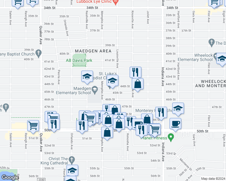 map of restaurants, bars, coffee shops, grocery stores, and more near 3708 45th Street in Lubbock