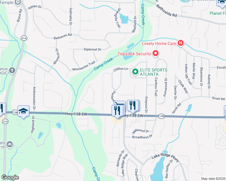 map of restaurants, bars, coffee shops, grocery stores, and more near 7405 Penland Drive in Riverdale