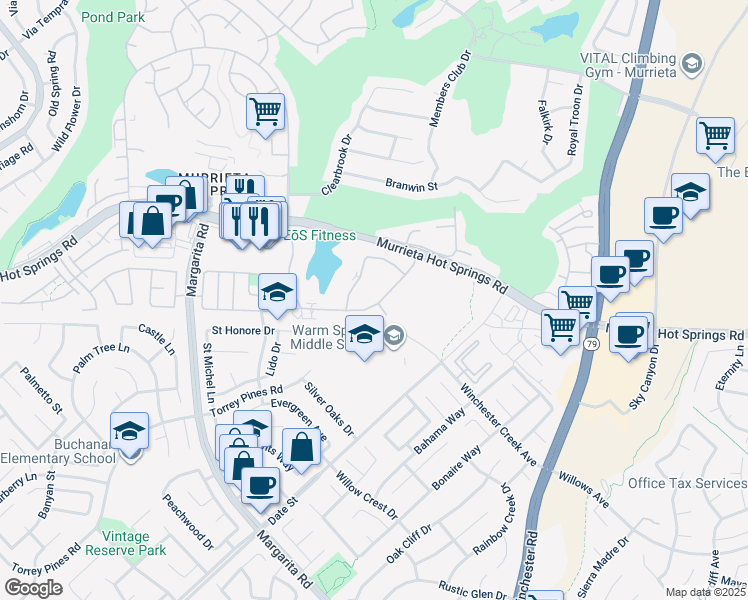 map of restaurants, bars, coffee shops, grocery stores, and more near 28878 Calle Del Lago in Murrieta