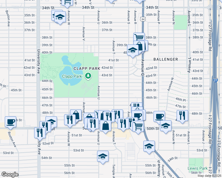 map of restaurants, bars, coffee shops, grocery stores, and more near 2010 45th Street in Lubbock