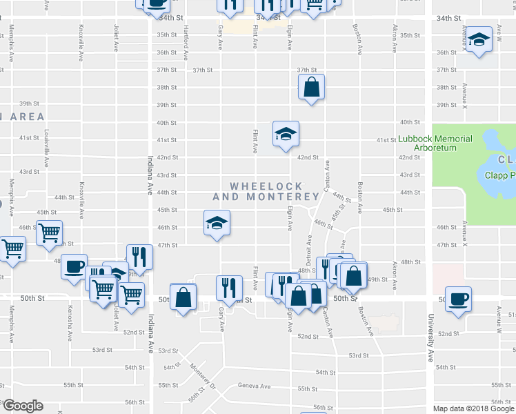 map of restaurants, bars, coffee shops, grocery stores, and more near 3102 45th Street in Lubbock
