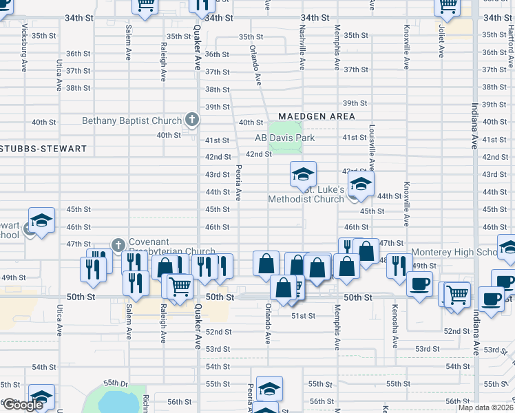 map of restaurants, bars, coffee shops, grocery stores, and more near 4202 45th Street in Lubbock