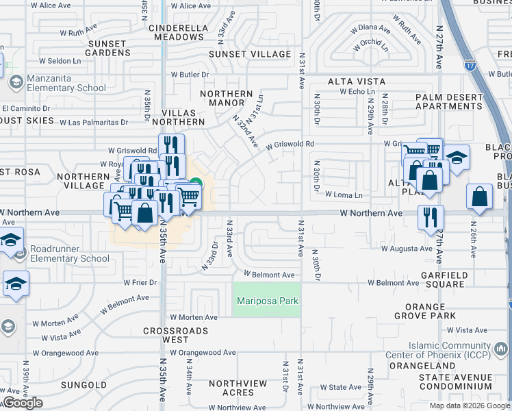 map of restaurants, bars, coffee shops, grocery stores, and more near 8004 North 32nd Drive in Phoenix