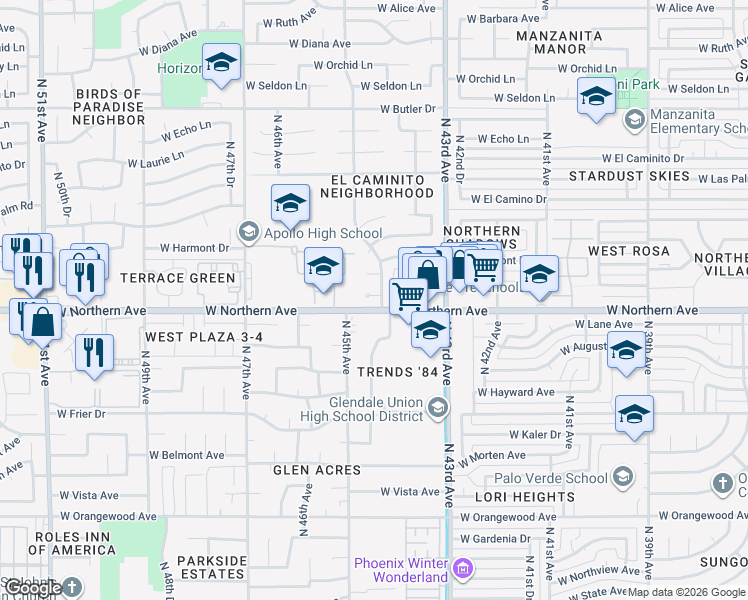 map of restaurants, bars, coffee shops, grocery stores, and more near 4511 West Loma Lane in Glendale