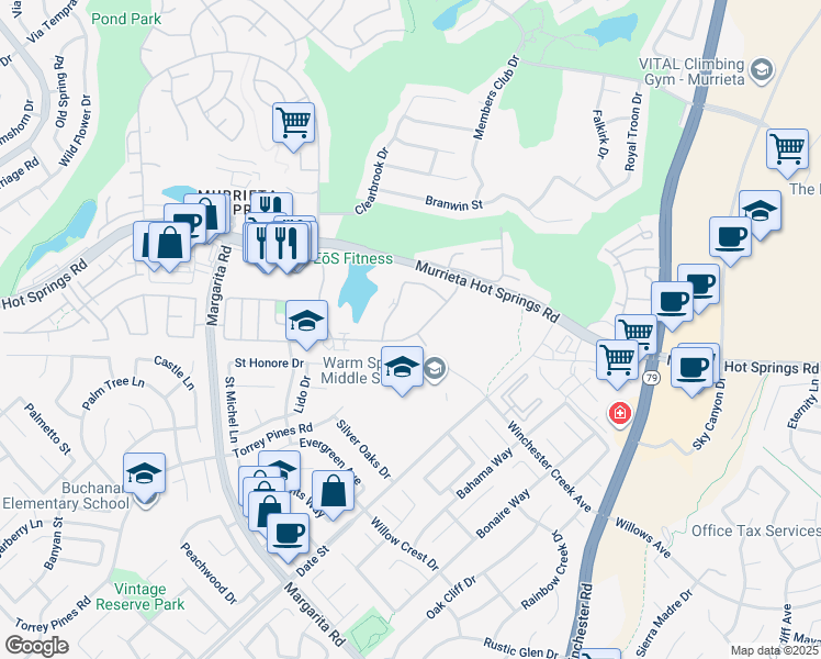 map of restaurants, bars, coffee shops, grocery stores, and more near 28878 Calle Del Lago in Murrieta