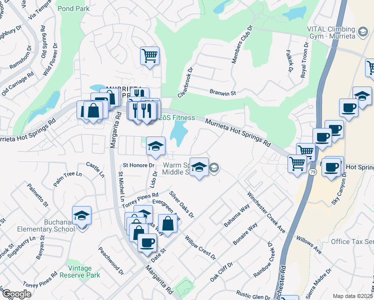 map of restaurants, bars, coffee shops, grocery stores, and more near 39131 Agua Vista in Murrieta