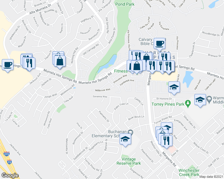 map of restaurants, bars, coffee shops, grocery stores, and more near 39862 Millbrook Way in Murrieta