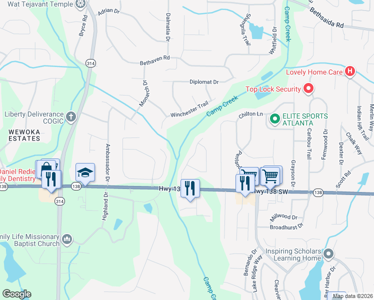 map of restaurants, bars, coffee shops, grocery stores, and more near 7423 Petunia Drive in Riverdale