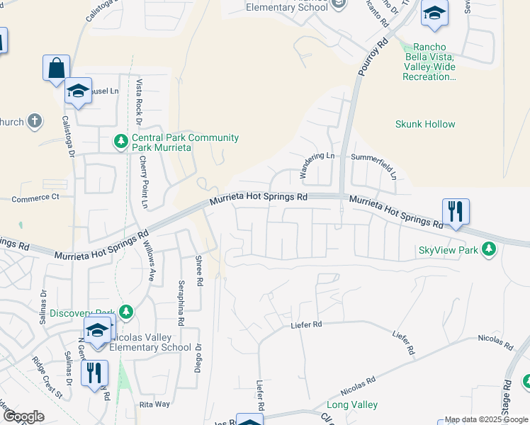 map of restaurants, bars, coffee shops, grocery stores, and more near 31151 Maverick Lane in Temecula