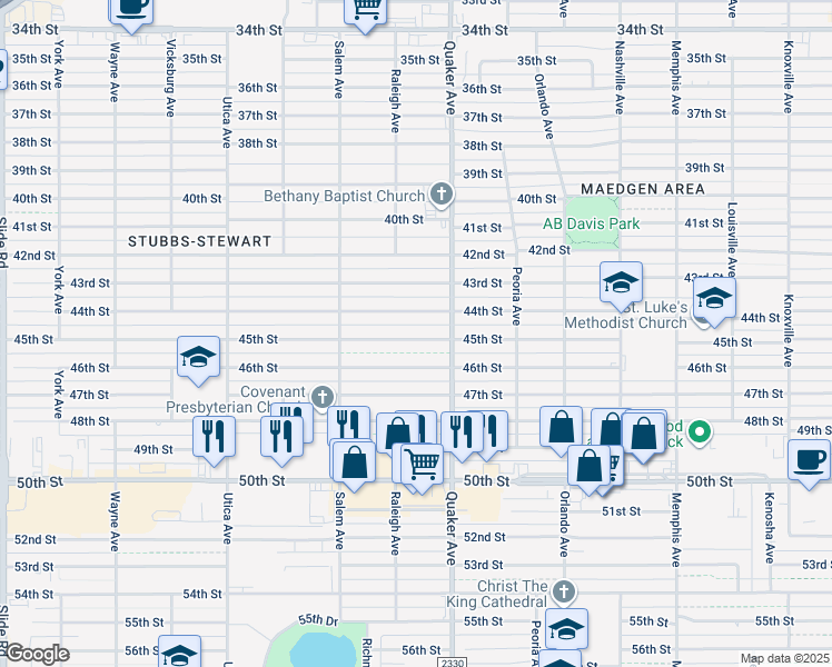 map of restaurants, bars, coffee shops, grocery stores, and more near 4420 45th Street in Lubbock
