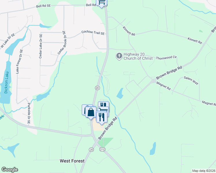 map of restaurants, bars, coffee shops, grocery stores, and more near 5110 Georgia 20 in Covington