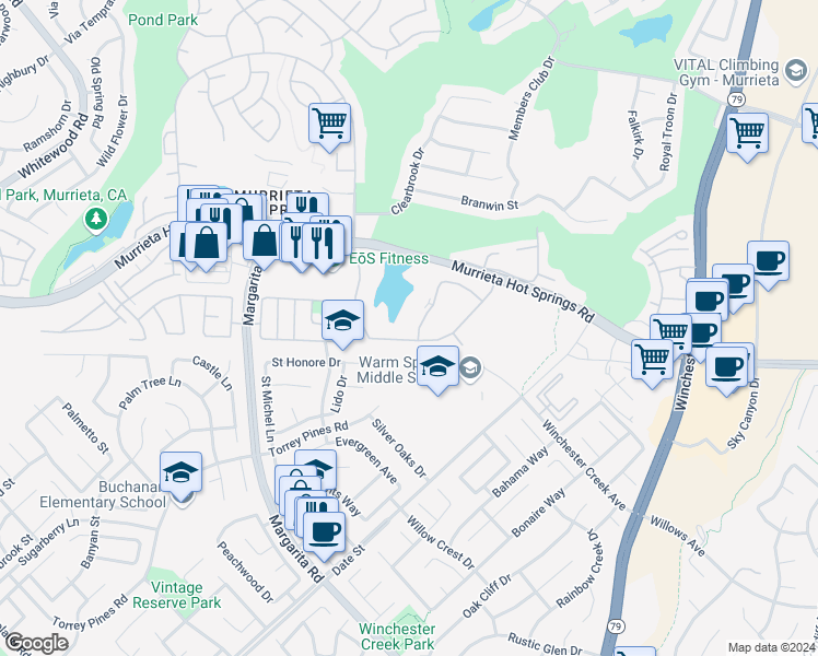 map of restaurants, bars, coffee shops, grocery stores, and more near 39131 Agua Vista in Murrieta