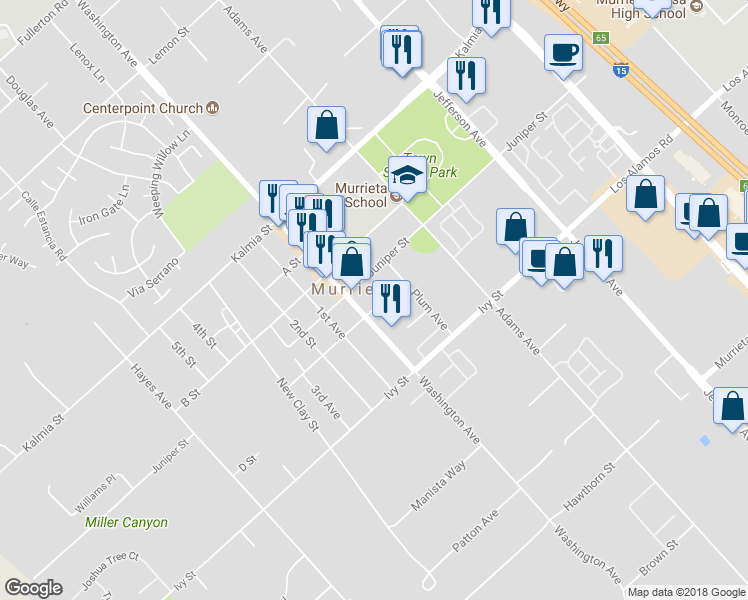 map of restaurants, bars, coffee shops, grocery stores, and more near 41945 C Street in Murrieta